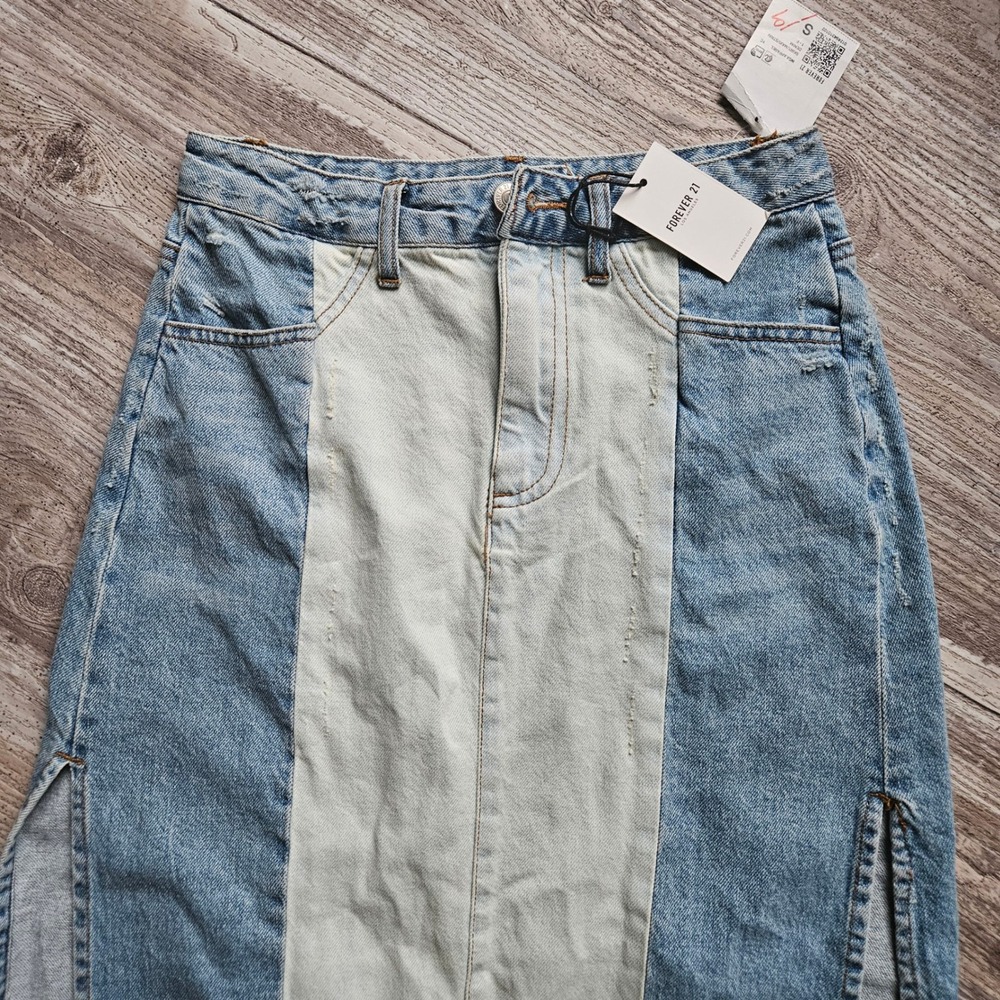Forever 21 Denim Maxi Skirt Women S Blue 2 Tone Colorblock Side Slit Raw Hem - Picture 5 of 11